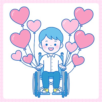 행복 어린이 일러스트 사랑 웃음 사람 소년 희망 기쁨 하트 장애인 즐거움 휠체어 풍선 국내일러스트 AI파일 모양 남자 감정 표정 장애 파일형식 벡터
