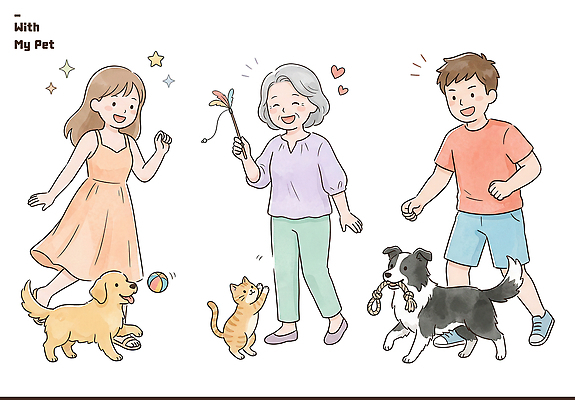 PSD 여자 남자 행복 어린이 일러스트 가족 놀이 웃음 사람 친구 반려동물 장난감 고양이 강아지 즐거움 놀기 국내일러스트 동물 감정 포유류 관계 모션 표정 개 파일형식