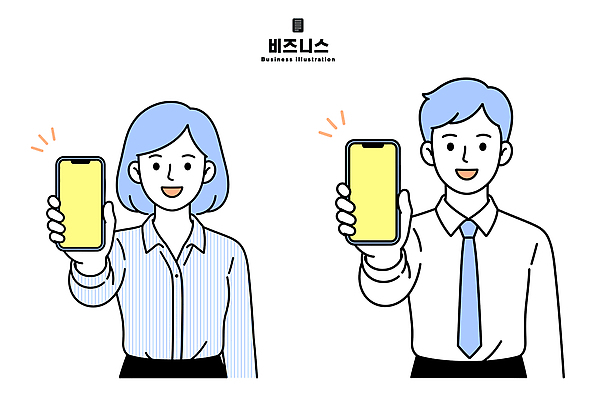 여자 남자 일러스트 비즈니스 기술 미소 스마트폰 디지털 스크린 비즈니스맨 비즈니스우먼 국내일러스트 AI파일 표정 사람 핸드폰 스마트기기 직장인 파일형식 벡터 직업 전자제품