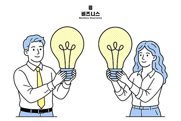 여자 남자 일러스트 비즈니스 전구 아이디어 사람 비즈니스맨 비즈니스우먼 창의성 국내일러스트 AI파일 컨셉 직장인 파일형식 벡터 직업