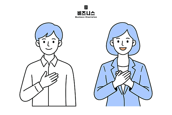 손 여자 남자 일러스트 비즈니스 미소 두명 비즈니스맨 비즈니스우먼 가슴 국내일러스트 AI파일 표정 사람 신체부위 직장인 파일형식 벡터 직업