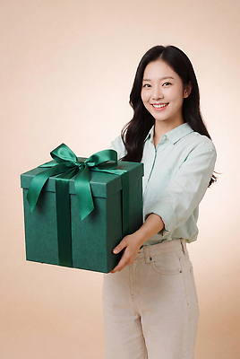 JPG 편집이미지 여자 행복 리본 포장 선물 웃음 선물상자 상자 기쁨 양손 보여주기 의료성형뷰티 편집실사 AI인물포토 AI콘텐츠 손 감정 모션 표정 사람 CG 파일형식 AI포토 신체부위
