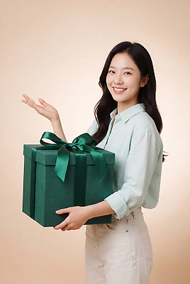 JPG 편집이미지 손 여자 선물 미소 선물상자 상자 기쁨 축하 의료성형뷰티 편집실사 AI인물포토 AI콘텐츠 감정 컨셉 표정 사람 신체부위 CG 파일형식 AI포토