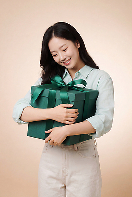 JPG 편집이미지 손 여자 행복 선물 미소 웃음 선물상자 상자 기쁨 축하 의료성형뷰티 편집실사 AI인물포토 AI콘텐츠 감정 컨셉 표정 사람 신체부위 CG 파일형식 AI포토
