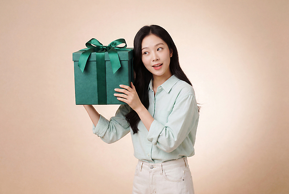 JPG 편집이미지 손 여자 얼굴 선물 미소 선물상자 상자 기쁨 의료성형뷰티 편집실사 AI인물포토 AI콘텐츠 감정 표정 사람 신체부위 CG 파일형식 AI포토