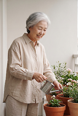JPG 식물 편집이미지 여자 노년 꽃 행복 화분 할머니 웃음 일상 햇빛 발코니 물주기 의료성형뷰티 편집실사 AI인물포토 AI콘텐츠 감정 모션 표정 사람 성인 라이프 빛 CG 파일형식 AI포토 생활