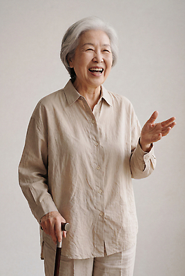 JPG 편집이미지 손 옷 여자 노년 할머니 지팡이 대화 웃음 사람 의료성형뷰티 편집실사 AI인물포토 AI콘텐츠 표정 말하기 성인 신체부위 CG 파일형식 AI포토 모션