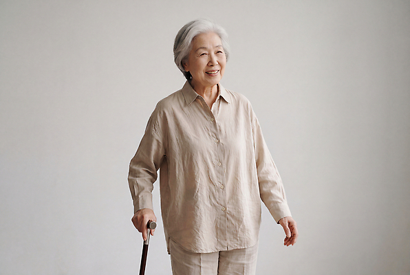 JPG 편집이미지 여자 노년 할머니 지팡이 건강 웃음 사람 의료성형뷰티 편집실사 AI인물포토 AI콘텐츠 표정 성인 CG 파일형식 AI포토
