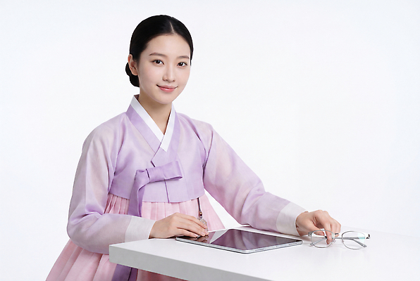 JPG 편집이미지 전통 여자 패션 안경 한국 기술 앉기 태블릿 과학기술 한복 퓨전 의료성형뷰티 편집실사 AI인물포토 AI콘텐츠 한국전통 잡화 아시아 모션 사람 전자제품 스마트기기 전통의상 CG 파일형식 AI포토 나라
