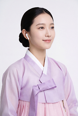 JPG 편집이미지 전통 옷 여자 패션 음악 이어폰 한국 기술 미소 과학기술 한복 퓨전 의료성형뷰티 스타일 편집실사 AI인물포토 AI콘텐츠 한국전통 아시아 음향기기 문화예술 표정 사람 전통의상 CG 파일형식 AI포토 나라 전자제품