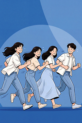 JPG 캐릭터 여자 남자 행복 티셔츠 일러스트 함께함 웃음 파란색 친구 청춘 달리기 운동 청바지 그룹 즐거움 놀기 사교 국내일러스트 AI일러스트 AI콘텐츠 감정 컬러 컨셉 셔츠 바지 관계 모션 표정 건강 사람 파일형식 상의 하의 옷