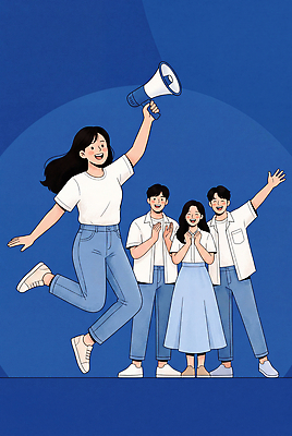 JPG 여자 남자 행복 일러스트 응원 이야기 웃음 사람 파란색 친구 청춘 파이팅 확성기 기쁨 모임 그룹 즐거움 소통 참여 국내일러스트 AI일러스트 AI콘텐츠 감정 컬러 컨셉 관계 모션 표정 파일형식