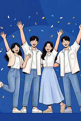 JPG 여자 남자 행복 일러스트 응원 기념 웃음 여러명 파란색 친구 청춘 파이팅 기쁨 모임 축하 소통 국내일러스트 AI일러스트 AI콘텐츠 감정 컬러 다수 컨셉 관계 모션 표정 사람 파일형식