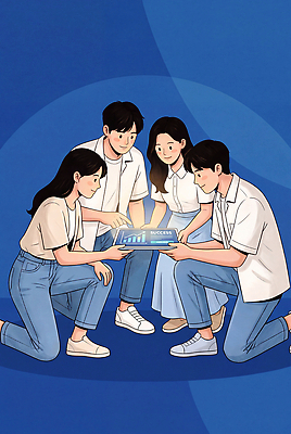 JPG 여자 남자 일러스트 성공 미래 협력 기술 대화 파란색 친구 청춘 스크린 자료 정보 작업 그룹 발전 목표 계획 토론 집중 동료 국내일러스트 AI일러스트 AI콘텐츠 컬러 컨셉 관계 말하기 사람 파일형식 모션