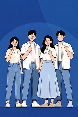 JPG 옷 여자 패션 남자 포즈 일러스트 응원 협력 표정 파란색 친구 청춘 파이팅 주먹 모임 그룹 국내일러스트 AI일러스트 AI콘텐츠 컬러 컨셉 관계 모션 사람 파일형식