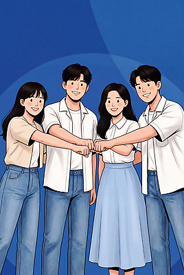 JPG 여자 남자 일러스트 응원 협력 표정 대화 웃음 파란색 친구 청춘 파이팅 우정 기쁨 다양 모임 만남 인사 주먹인사 국내일러스트 AI일러스트 AI콘텐츠 감정 컬러 포즈 다수 컨셉 관계 모션 말하기 사람 예절 파일형식
