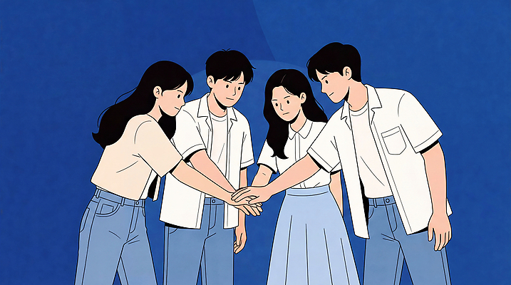 JPG 여자 남자 셔츠 일러스트 응원 협력 함께함 웃음 일상 파란색 친구 청춘 파이팅 우정 청바지 그룹 소통 국내일러스트 AI일러스트 AI콘텐츠 컬러 컨셉 상의 바지 관계 모션 표정 사람 라이프 파일형식 옷 하의 생활