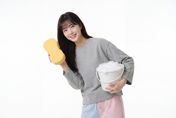 JPG 편집이미지 응시 여자 가사 미소 거품 세척 청소 오브젝트 준비 비누 스펀지 의료성형뷰티 편집실사 AI인물포토 AI콘텐츠 시선 표정 사람 위생용품 CG 파일형식 AI포토 생활용품