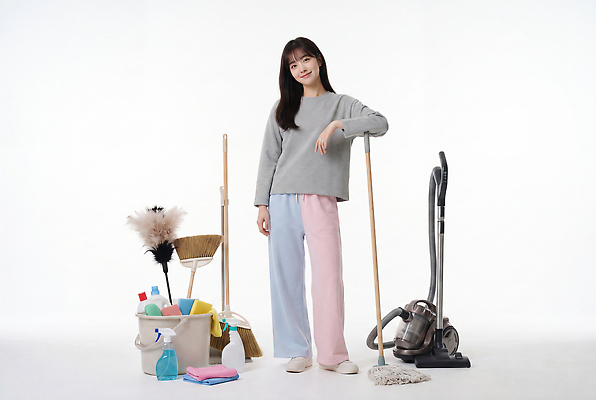 JPG 편집이미지 여자 스튜디오 도구 먼지떨이 청소도구 청소 세제 물병 오브젝트 정리 청소기 걸레 대걸레 의료성형뷰티 편집실사 AI인물포토 AI콘텐츠 사람 전자제품 물통 CG 파일형식 AI포토