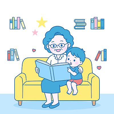 여자 노년 남자 감정 어린이 가구 의자 관계 모션 표정 사람 성인 책 손주 파일형식 벡터 할머니 손자 소파 읽기 이야기 가족 아기 교육 독서 사랑 놀이 그림책 방 책장 웃음 동화 일러스트 국내일러스트 AI파일 소년 육아