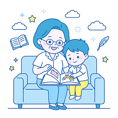 교육 노년 할머니 어린이 일러스트 가족 손자 이야기 대화 웃음 책 소파 육아 읽기 즐거움 교감 국내일러스트 AI파일 여자 남자 감정 의자 관계 모션 표정 말하기 사람 성인 손주 파일형식 벡터 가구 생활용품 오브젝트