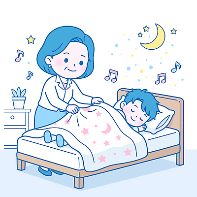 노년 행복 할머니 일러스트 노래 가족 따뜻함 사랑 소년 이불 방 육아 침대 잠 수면 밤 편안함 준비 국내일러스트 AI파일 여자 남자 감정 어린이 음악 가구 관계 침구 성인 감각 파일형식 벡터 생활용품 문화예술 사람 오브젝트