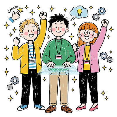 디자인 여자 남자 일러스트 청소년 성공 협력 아이디어 기술 웃음 컴퓨터 축하 작업 동료 톱니바퀴 노력 소통 창의성 프로젝트 AI_인공지능 국내일러스트 AI파일 컨셉 관계 표정 사람 전자제품 파일형식 벡터