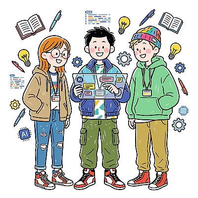학생 디자인 여자 교육 남자 일러스트 전구 학교 청소년 협력 아이디어 대화 책 학습 연필 읽기 실습 소통 AI_인공지능 국내일러스트 AI파일 컨셉 모션 학용품 말하기 사람 필기구 파일형식 벡터 문구용품 오브젝트