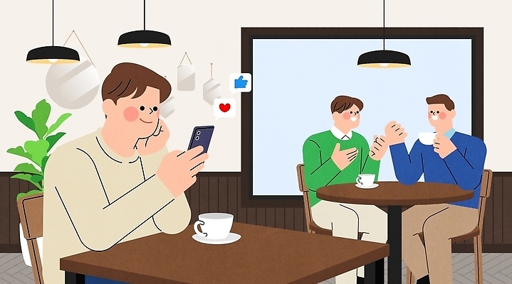 음료 일러스트 대화 사람 청년 생활 친구 핸드폰 카페 정보 고민 걱정 일과 소통 소셜미디어 국내일러스트 AI파일 감정 컨셉 관계 말하기 성인 전자제품 상점 파일형식 벡터 모션
