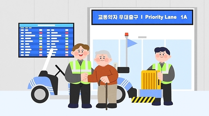 노년 남자 여행 이동 일러스트 친절 안내 대화 안전 여행객 짐 도움 공항 직원 서비스 시설 지원 출국 국내일러스트 교통약자 AI파일 컨셉 교통시설 말하기 사람 성인 파일형식 벡터 교통 모션
