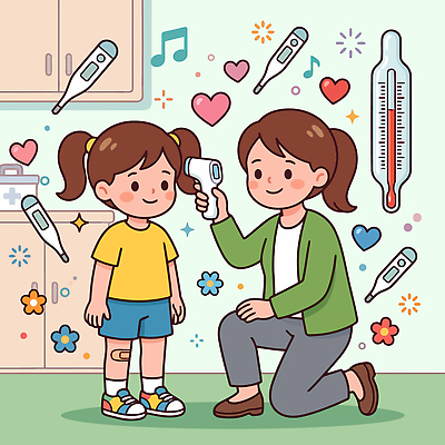 딸 행복 어린이 일러스트 의학 가족 엄마 건강 사랑 치료 진료 온도계 체온계 검사 체온 관심 보건실 체온측정 비접촉체온계 국내일러스트 AI파일 감정 관계 사람 측정 파일형식 벡터