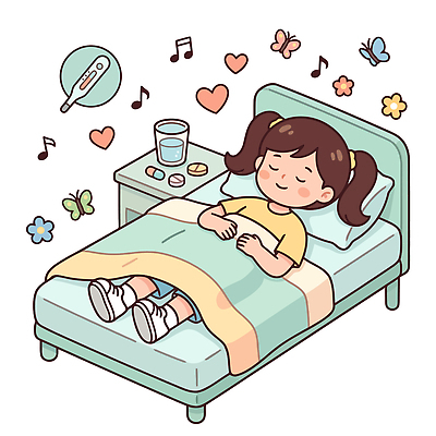 꽃 어린이 나비 일러스트 휴식 건강 소녀 눕기 약 이불 침대 체온계 편안함 물컵 보건실 국내일러스트 AI파일 식물 여자 가구 곤충 컨셉 의학 침구 모션 사람 컵 감각 온도계 파일형식 벡터 동물 식기 생활용품 오브젝트