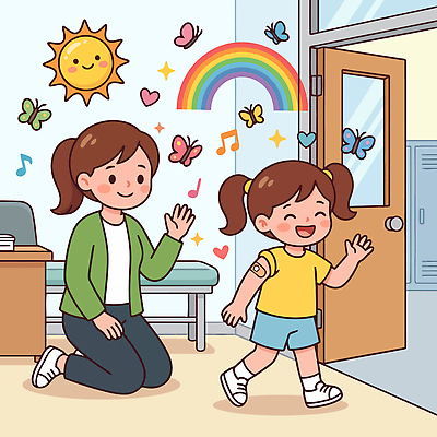 행복 어린이 나비 무지개 일러스트 교실 실내 웃음 손짓 치료 학습 교사 공간 인사 반창고 보건실 손흔들기 국내일러스트 AI파일 자연요소 직업 교육 감정 곤충 의학 학교 모션 표정 사람 내부 예절 의료용품 파일형식 벡터 동물 의료기기