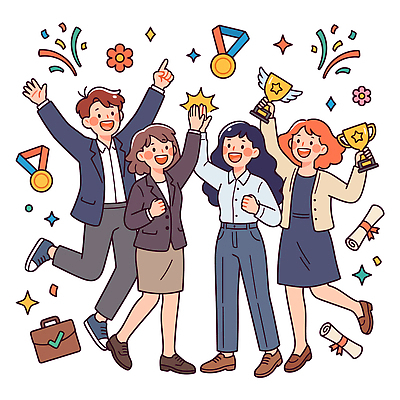 감정 일러스트 성공 대화 웃음 친구 기쁨 모임 구직 축하 수상 상 트로피 하이파이브 금메달 채용박람회 취업지원 국내일러스트 AI파일 컨셉 관계 표정 말하기 손짓 상패 메달 박람회 지원 파일형식 벡터 모션 우승 최고