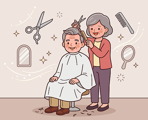 헤어스타일 노년 일러스트 가위 관리 웃음 뷰티 머리 머리빗 봉사 편안함 이발 서비스 만족 노인복지 이발소 다듬기 이발사 스타일 국내일러스트 AI파일 감정 모션 문구용품 표정 성인 신체부위 미용용품 도움 감각 뷰티샵 복지 파일형식 벡터 컨셉 사람 상점 사회이슈 오브젝트