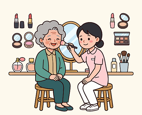모델 여자 노년 할머니 일러스트 사랑 웃음 일상 화장 뷰티 화장품 봉사 노인복지 화장대 메이크업아티스트 국내일러스트 AI파일 직업 감정 가구 표정 사람 성인 라이프 도움 복지 파일형식 벡터 생활용품 컨셉 생활 사회이슈 오브젝트