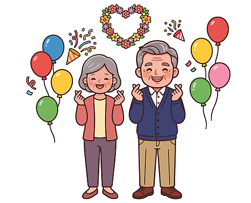 기념일 노년 꽃 행복 문화 결혼 일러스트 가족 사랑 웃음 생활 장식 파티 노부부 기쁨 축하 봉사 노인복지 풍선 손하트 국내일러스트 AI파일 식물 부부 감정 컨셉 관계 표정 손짓 이벤트 성인 도움 복지 파일형식 벡터 커플 모션 사람 사회이슈