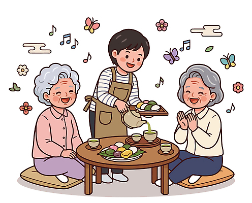 노년 꽃 문화 음료 음식 나비 일러스트 탁자 이야기 대화 웃음 사람 생활 모임 봉사 즐거움 노인복지 다과 다과상 국내일러스트 AI파일 식물 감정 가구 곤충 디저트 표정 말하기 성인 도움 복지 파일형식 벡터 동물 생활용품 컨셉 모션 사회이슈 오브젝트