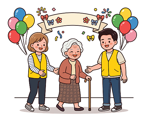 기념일 노년 행복 할머니 일러스트 가족 대화 사랑 미소 웃음 장식 축하 봉사 자원봉사자 노인복지 풍선 세대 국내일러스트 AI파일 여자 감정 컨셉 관계 표정 말하기 이벤트 성인 도움 복지 파일형식 벡터 모션 사람 사회이슈