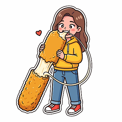 음식 일러스트 디저트 치즈 표정 요리 소녀 일상 먹기 즐거움 치즈스틱 국내일러스트 AI파일 여자 감정 어린이 모션 유제품 라이프 과자 파일형식 벡터 사람 생활
