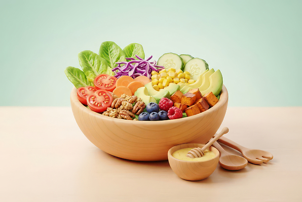 JPG 편집이미지 다이어트 채소 과일 건강 요리 식사 샐러드 신선 영양 식단 나무그릇 맛있는 이미지편집 AI컴퓨터그래픽 AI콘텐츠 그릇 음식 목재 파일형식 나무 식기 재료 식물