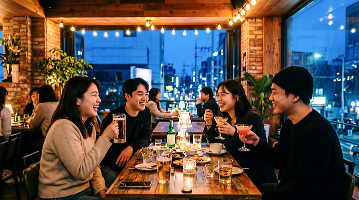 JPG 편집이미지 여자 남자 행복 맥주 주류 대화 웃음 여러명 친구 우정 모임 칵테일 바 분위기 저녁 의료성형뷰티 편집실사 AI인물포토 AI콘텐츠 감정 음료 다수 컨셉 관계 표정 말하기 사람 밤 야간 CG 파일형식 AI포토 자연요소 모션