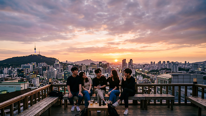 JPG 편집이미지 여자 남자 행복 하늘 대화 풍경 친구 일몰 우정 만남 도시 저녁 사교 의료성형뷰티 루프탑 편집실사 AI인물포토 AI콘텐츠 감정 컨셉 관계 말하기 사람 파티 노을 밤 야간 CG 파일형식 AI포토 자연요소 모션 이벤트