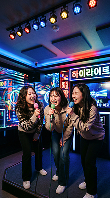 JPG 편집이미지 여자 행복 음악 노래 조명 함께함 실내 웃음 친구 우정 분위기 마이크 즐거움 노래방 의료성형뷰티 편집실사 AI인물포토 AI콘텐츠 감정 음향기기 컨셉 관계 문화예술 표정 사람 내부 CG 파일형식 AI포토 전자제품