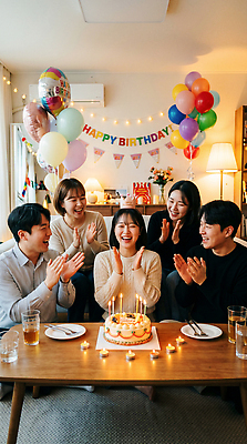 JPG 편집이미지 여자 기념일 남자 행복 음료 거실 웃음 장식 친구 파티 케이크 우정 모임 축하 생일 손뼉 즐거움 풍선 의료성형뷰티 편집실사 AI인물포토 AI콘텐츠 감정 컨셉 관계 디저트 표정 사람 이벤트 CG 파일형식 AI포토 음식