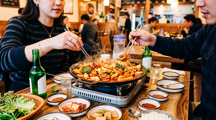 JPG 편집이미지 손 문화 한식 음식 반찬 주류 육류 대화 요리 친구 식당 모임 저녁 닭갈비 의료성형뷰티 편집실사 AI인물포토 AI콘텐츠 음료 식재료 관계 말하기 신체부위 상점 닭고기 밤 야간 CG 닭고기요리 파일형식 AI포토 자연요소 모션 사람