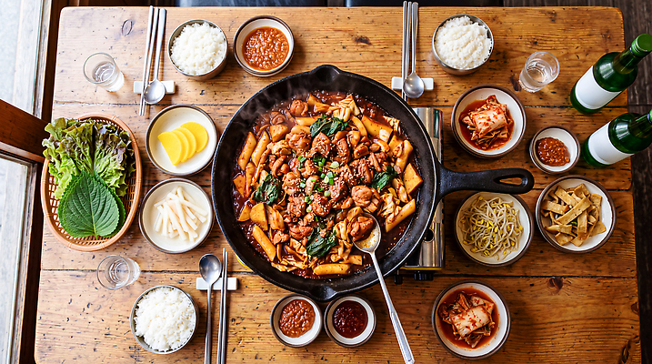 JPG 편집이미지 한식 음식 채소 밥 반찬 주류 한국 육류 요리 식사 맛 저녁 상차림 닭갈비 편집실사 AI포토 AI콘텐츠 아시아 음료 컨셉 식재료 닭고기 밤 야간 CG 닭고기요리 파일형식 자연요소 나라