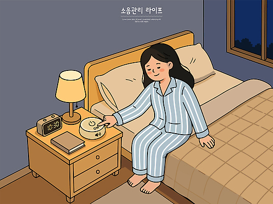여자 일러스트 휴식 조명 관리 일상 기계 방 잠옷 알람 침대 수면 밤 편안함 소음 차분 국내일러스트 AI파일 옷 가구 컨셉 사람 라이프 소리 감각 파일형식 벡터 생활용품 생활 오브젝트