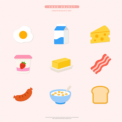 음식 빵 일러스트 재료 치즈 요리 계란 식사 우유 소시지 계란프라이 시리얼 베이컨 버터 요거트 국내일러스트 AI파일 유제품 돼지고기 알 가공식품 계란요리 파일형식 벡터 육류 식재료