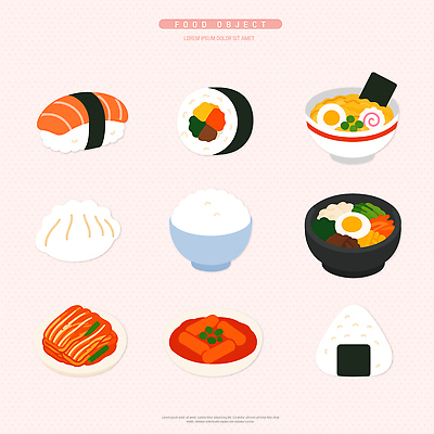 접시 한식 음식 채소 일러스트 밥 김치 요리 식사 초밥 라멘 라면 맛 떡볶이 해산물 만두 김밥 국물 밥그릇 돌솥비빔밥 삼각김밥 연어초밥 일본음식 국내일러스트 AI파일 그릇 식기 컨셉 면류 분식 비빔밥 연어 파일형식 벡터 어류 수중동물 동물